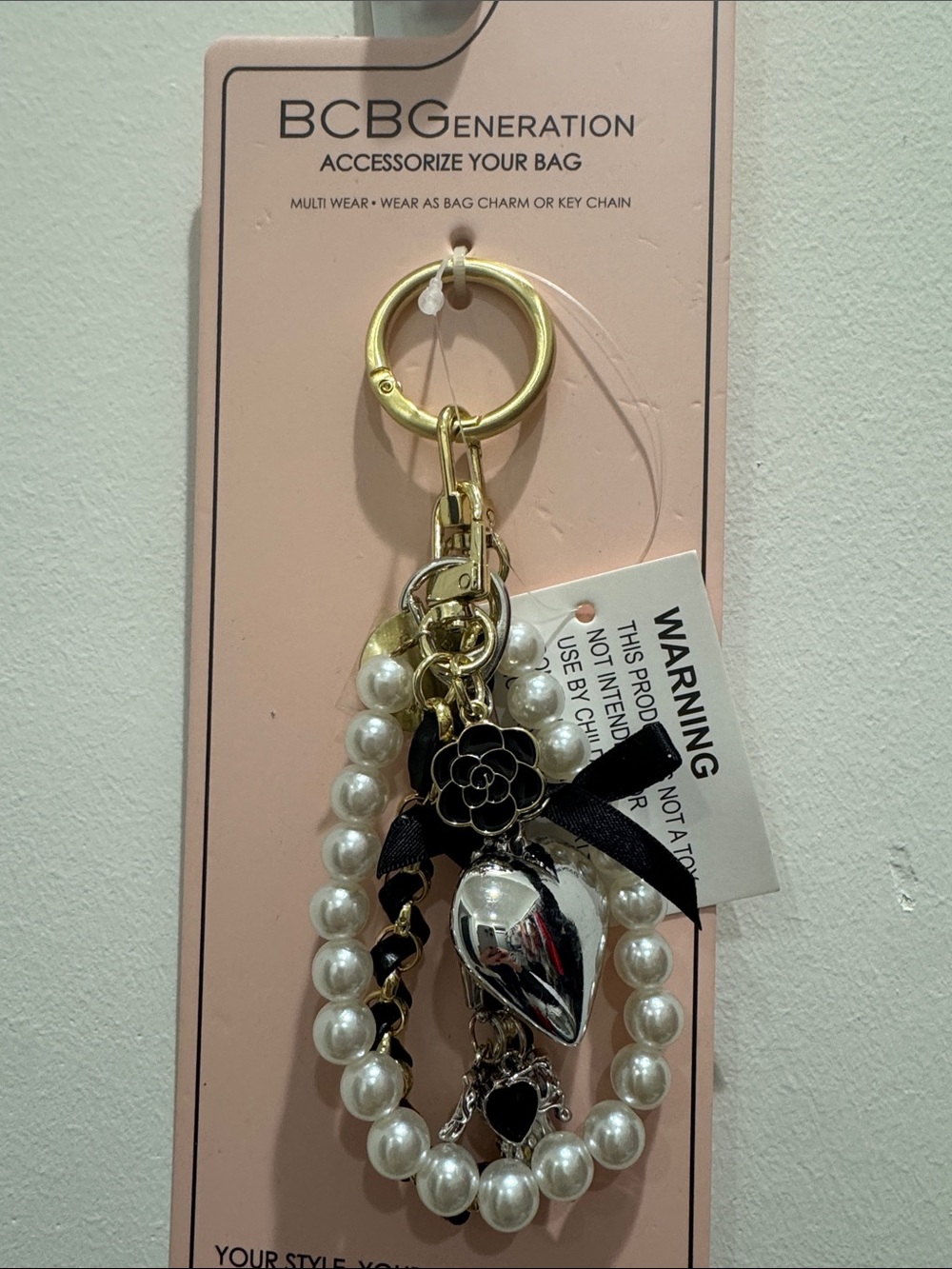 BCBGeneration Gold-Tone Pearl & Black Ribbon Heart Key Charm